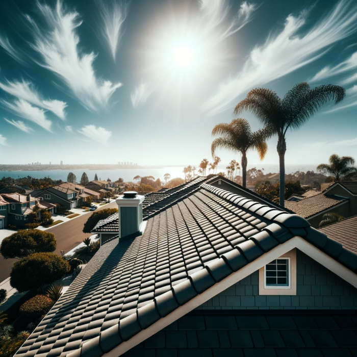 Sunlit San Diego rooftop with a panoramic view of the coastline and neighborhood homes.