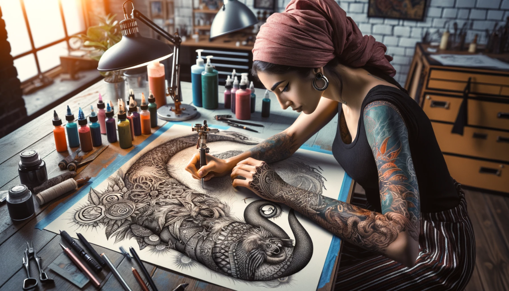 A Middle-Eastern female tattoo artist in her studio, intently sketching an elaborate tattoo sleeve design. The design features mythical creatures, nature motifs, and personal symbols. In the background, a client's arm displays a partially completed tattoo sleeve, blending art and personal storytelling.