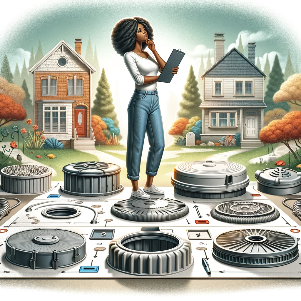 A young Black woman, dressed casually, thoughtfully examines various septic tank lids displayed before her, each with unique features, while holding a checklist and a pen.