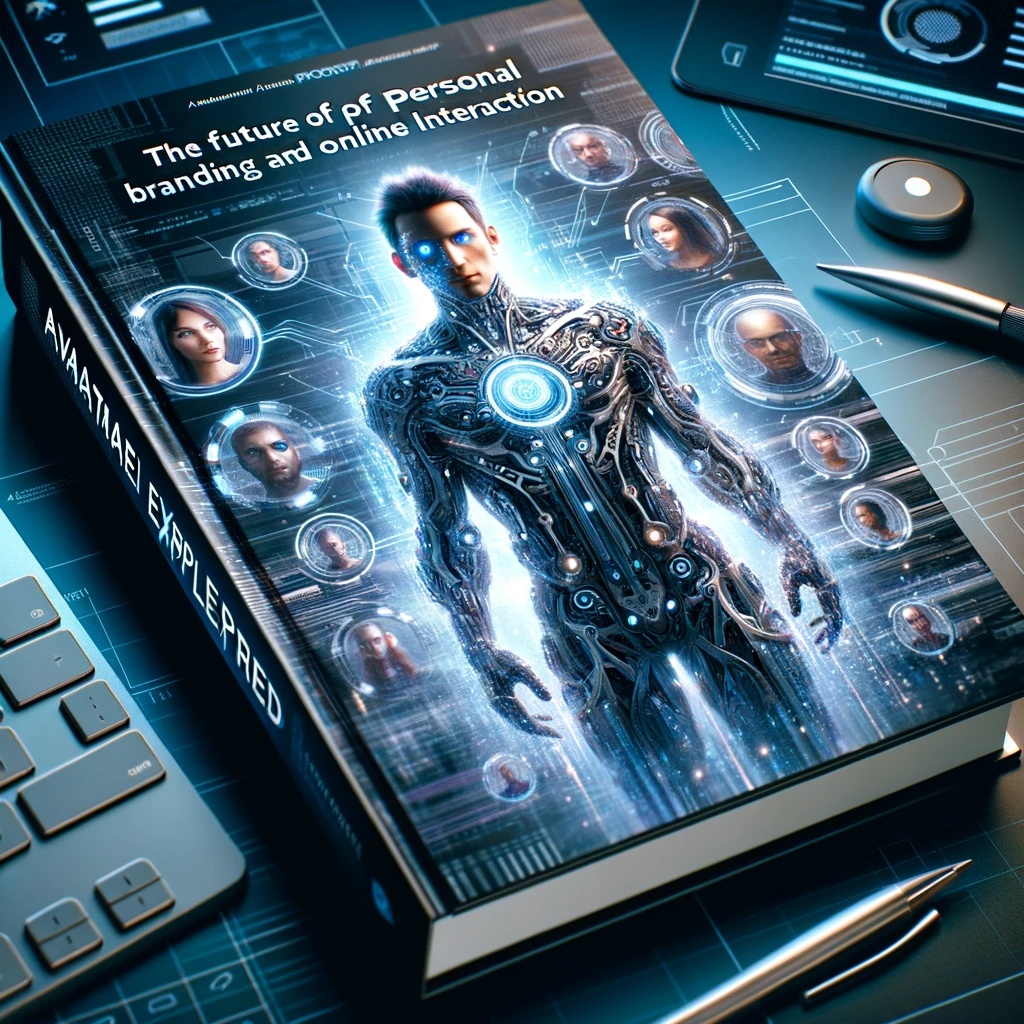Book cover with a futuristic design featuring a digital avatar surrounded by cybernetic elements, titled 'Avatarne Explored: The Future of Personal Branding and Online Interaction'.