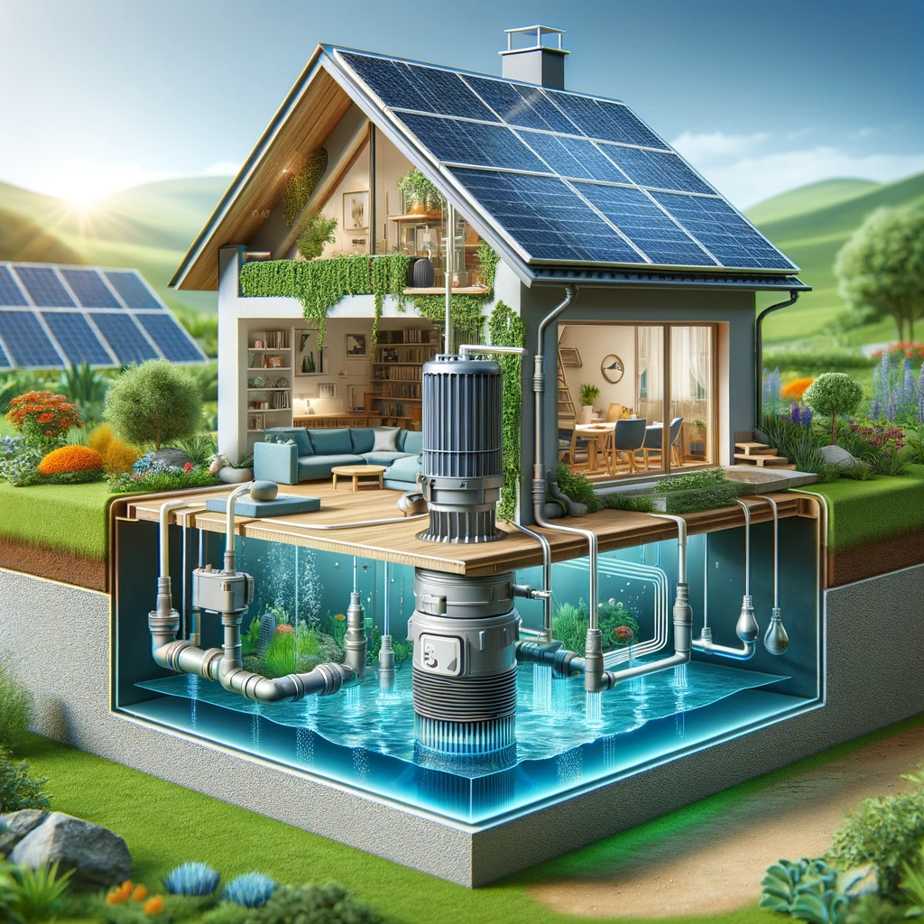 3D illustration of a modern house with a Homa submersible pump system, showing connections to a garden, pond, and home water supply against a backdrop of a lush garden and solar panels.